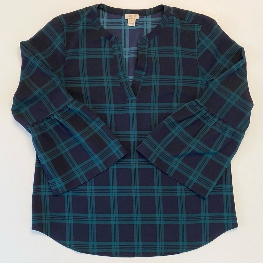 J Crew Blue Green Tartan Blouse Bell Sleeve Medium V-neck Lightweight Semi Sheer